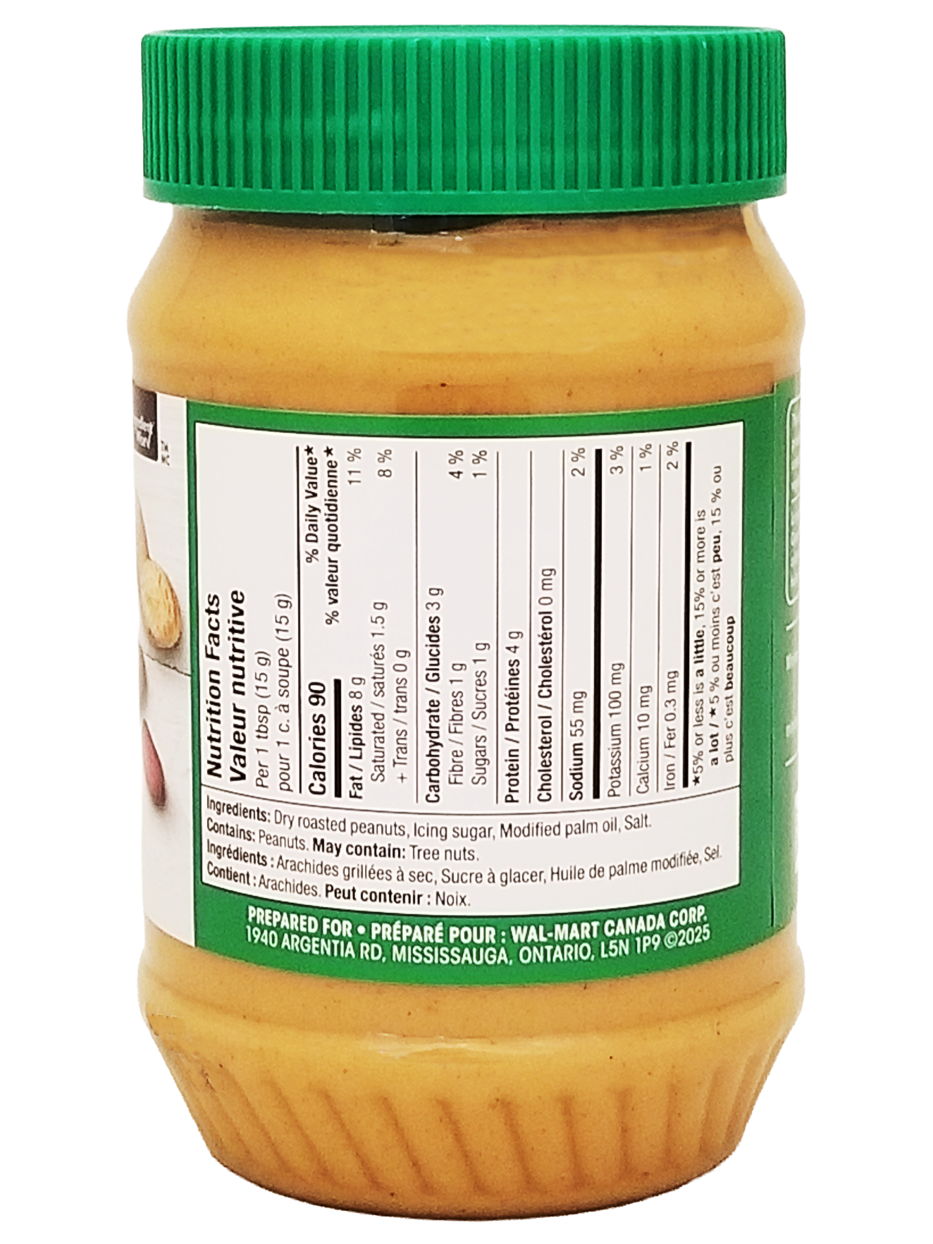 Jar of Great Value Smooth Peanut Butter - 500g with a green lid and label on a white background
