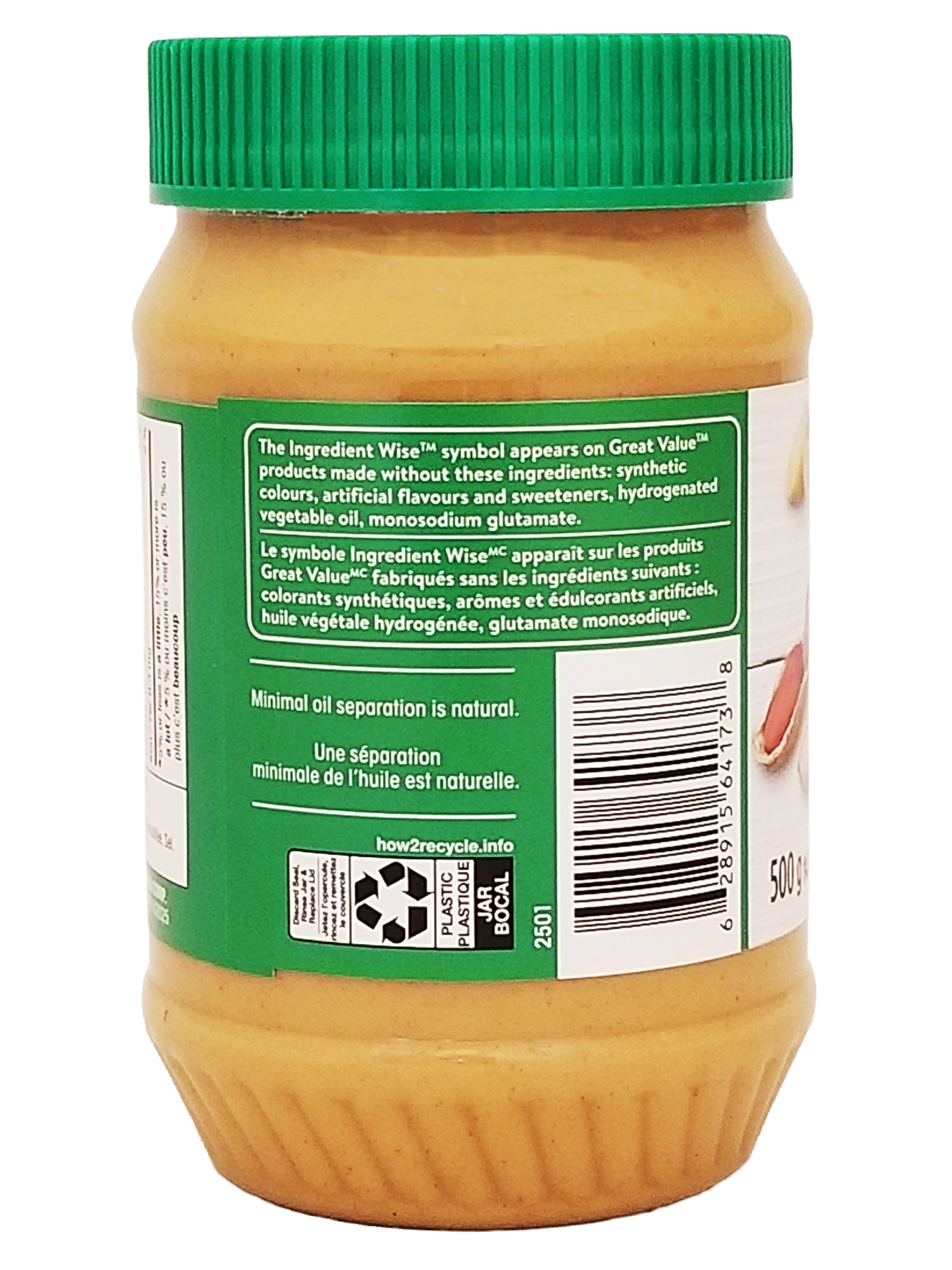 Jar of Great Value Smooth Peanut Butter - 500g with green lid and label on a white background