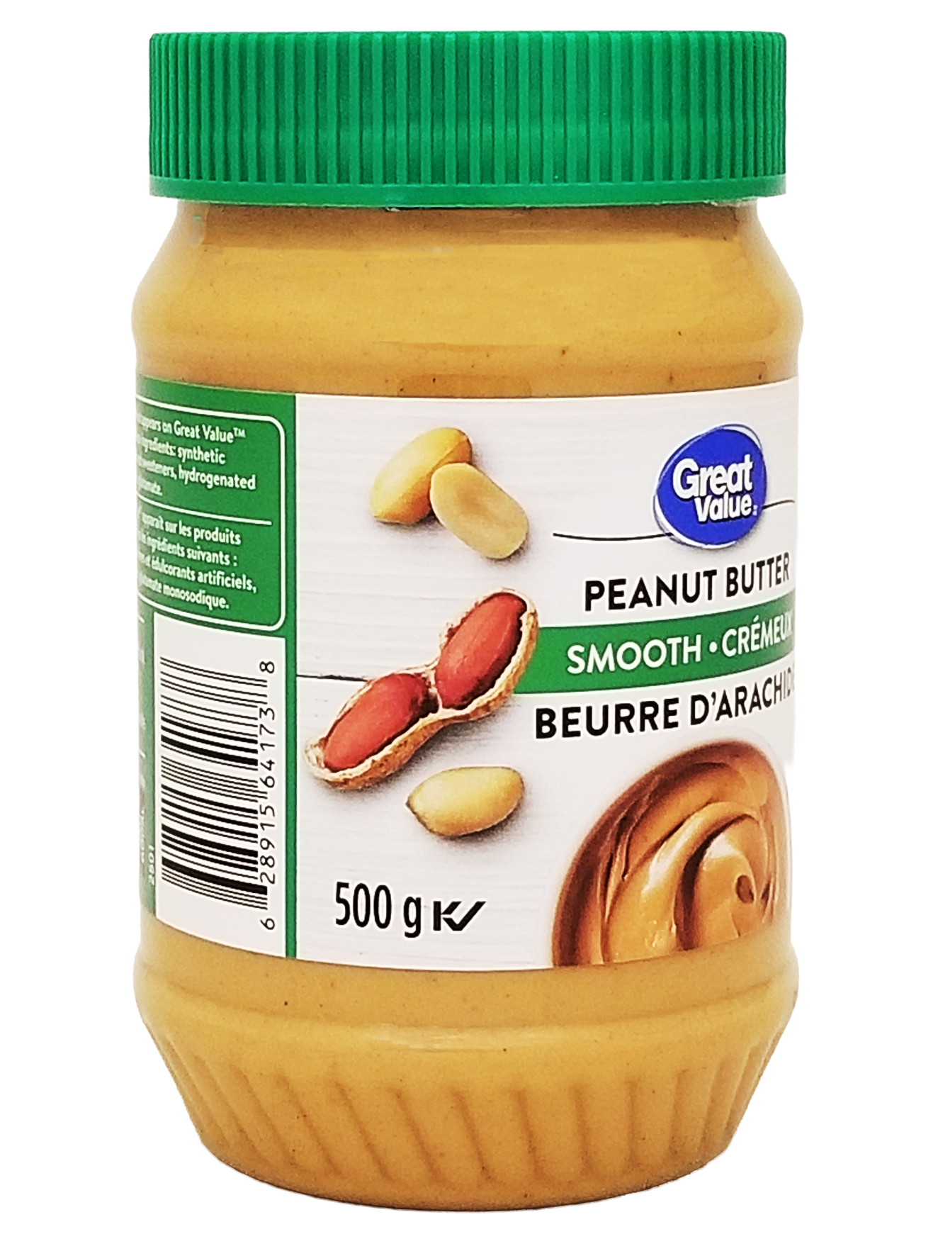Jar of Great Value Smooth Peanut Butter - 500g with green lid on a white background