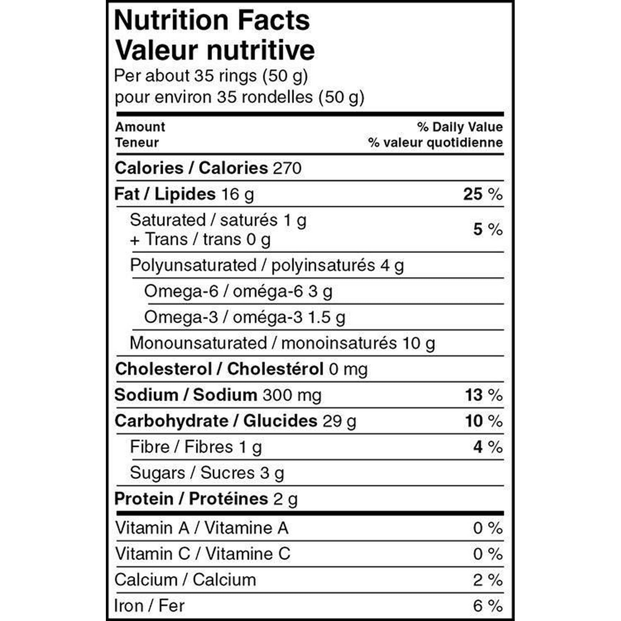 Great Value Sour Cream & Onion Flavoured Rings, 150g/5.3oz Nutrition Facts