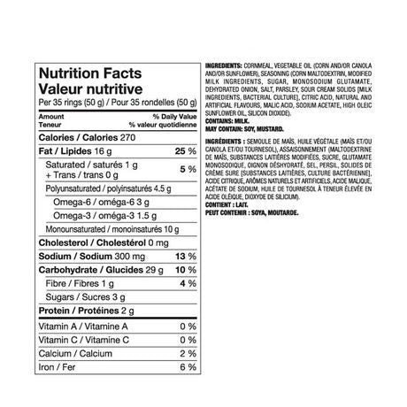Great Value Sour Cream & Onion Flavoured Rings, 150g/5.3oz Old Nutrition Facts label