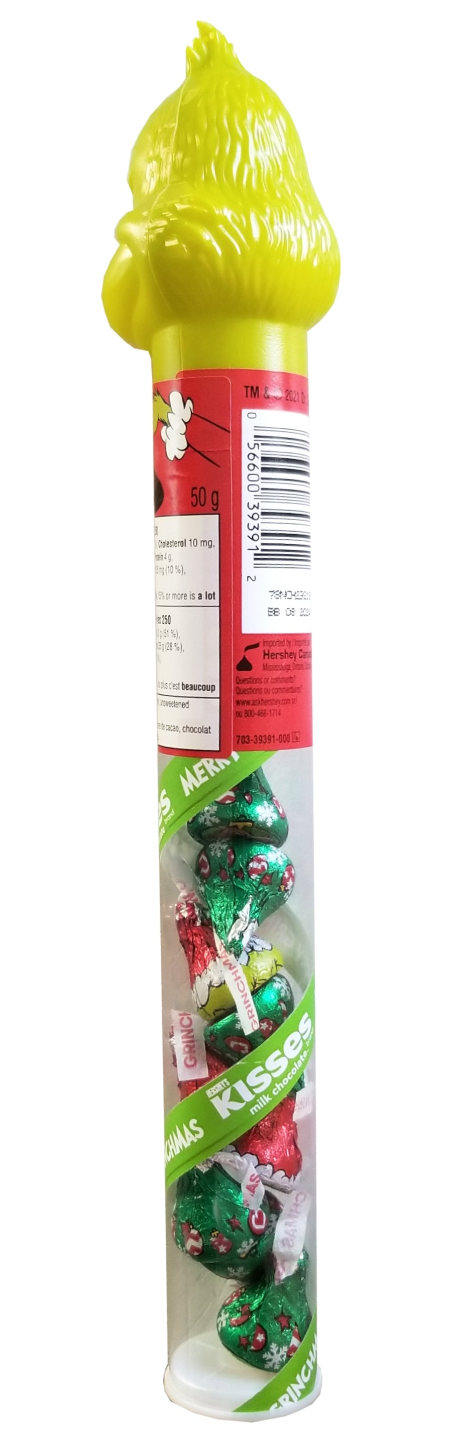 Hershey Grinch Kisses Milk Chocolate Cane, 50g/1.75 oz. Tube (Imported from Canada)
