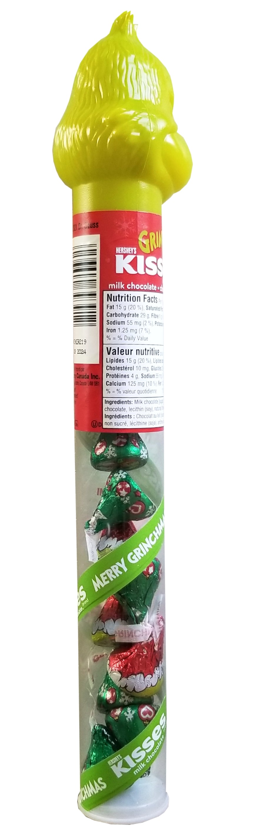 Hershey Grinch Kisses Milk Chocolate Cane, 50g/1.75 oz. Tube (Imported from Canada)