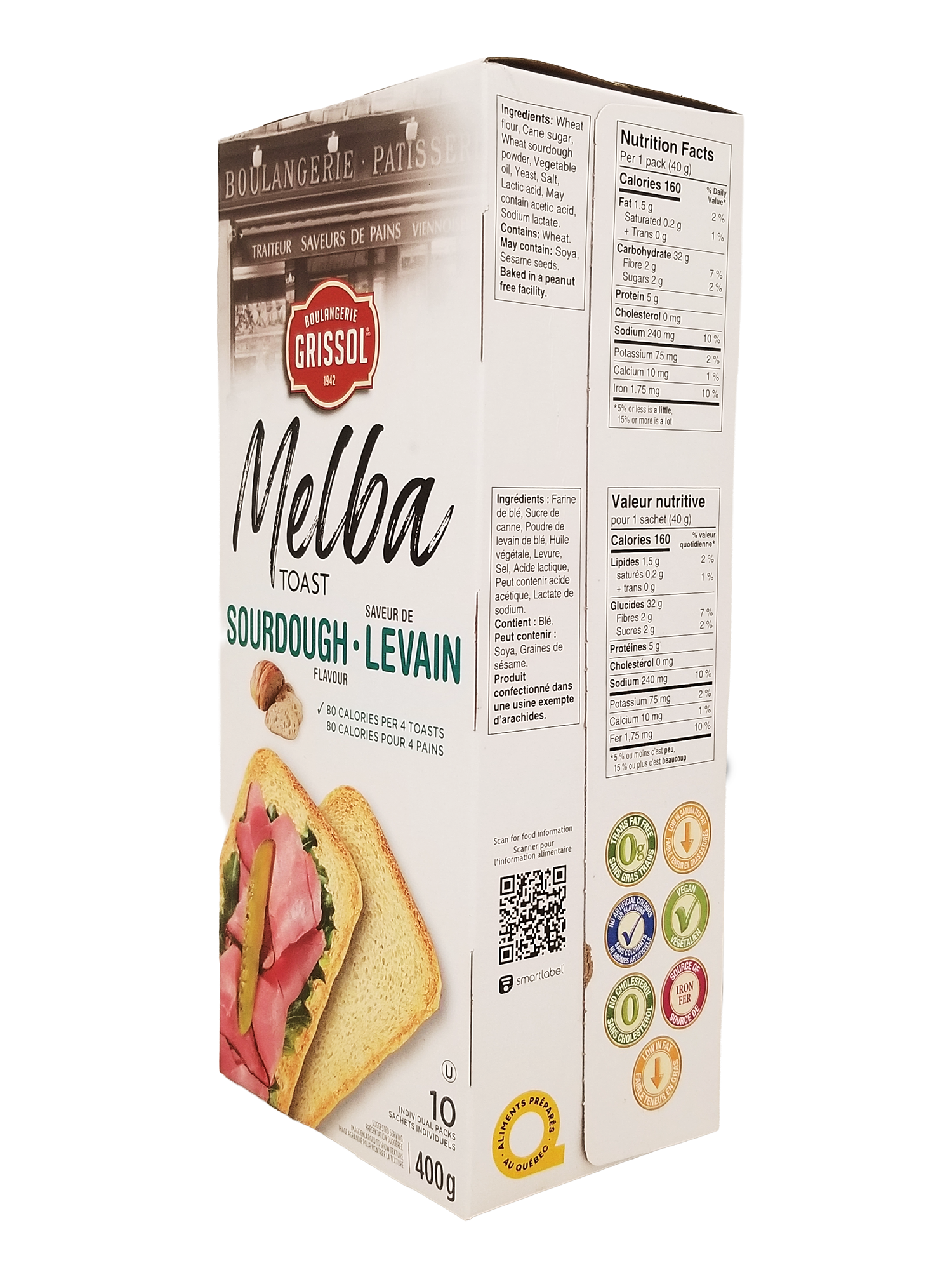 Box of Boulangerie Grissol Melba Toast Sourdough Flavor, Premium Crackers - 400g with a sandwich illustration on a white background