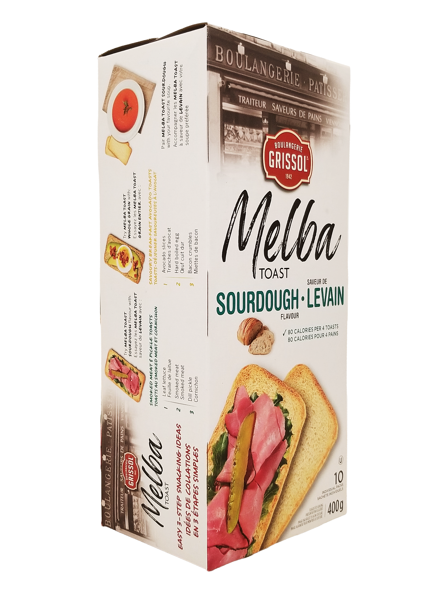 Box of Boulangerie Grissol Melba Toast Sourdough Flavor, Premium Crackers - 400g with a sandwich illustration on a white background