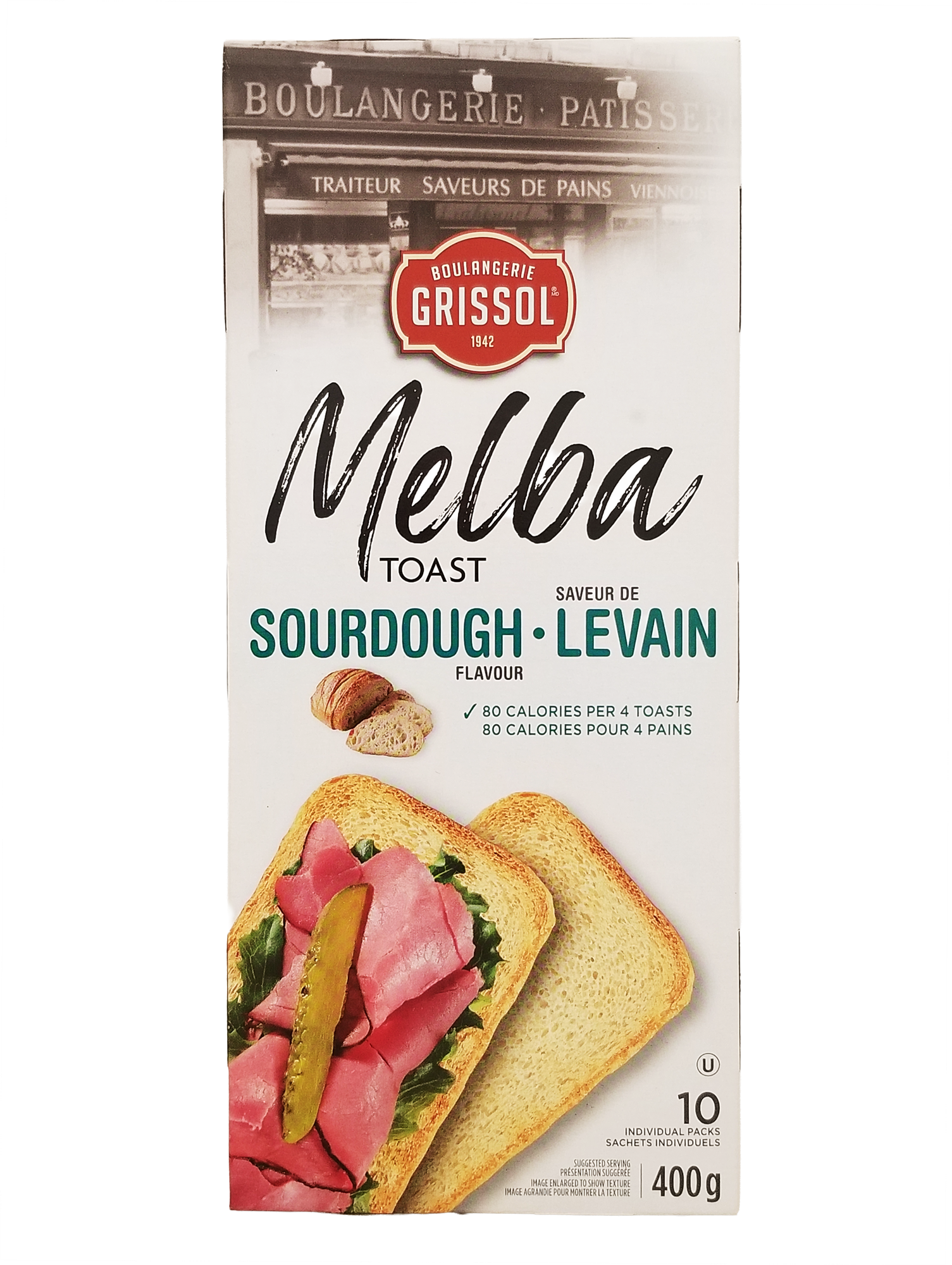 Box of Boulangerie Grissol Melba Toast Sourdough Flavor, Premium Crackers - 400g with a sandwich illustration on a white background