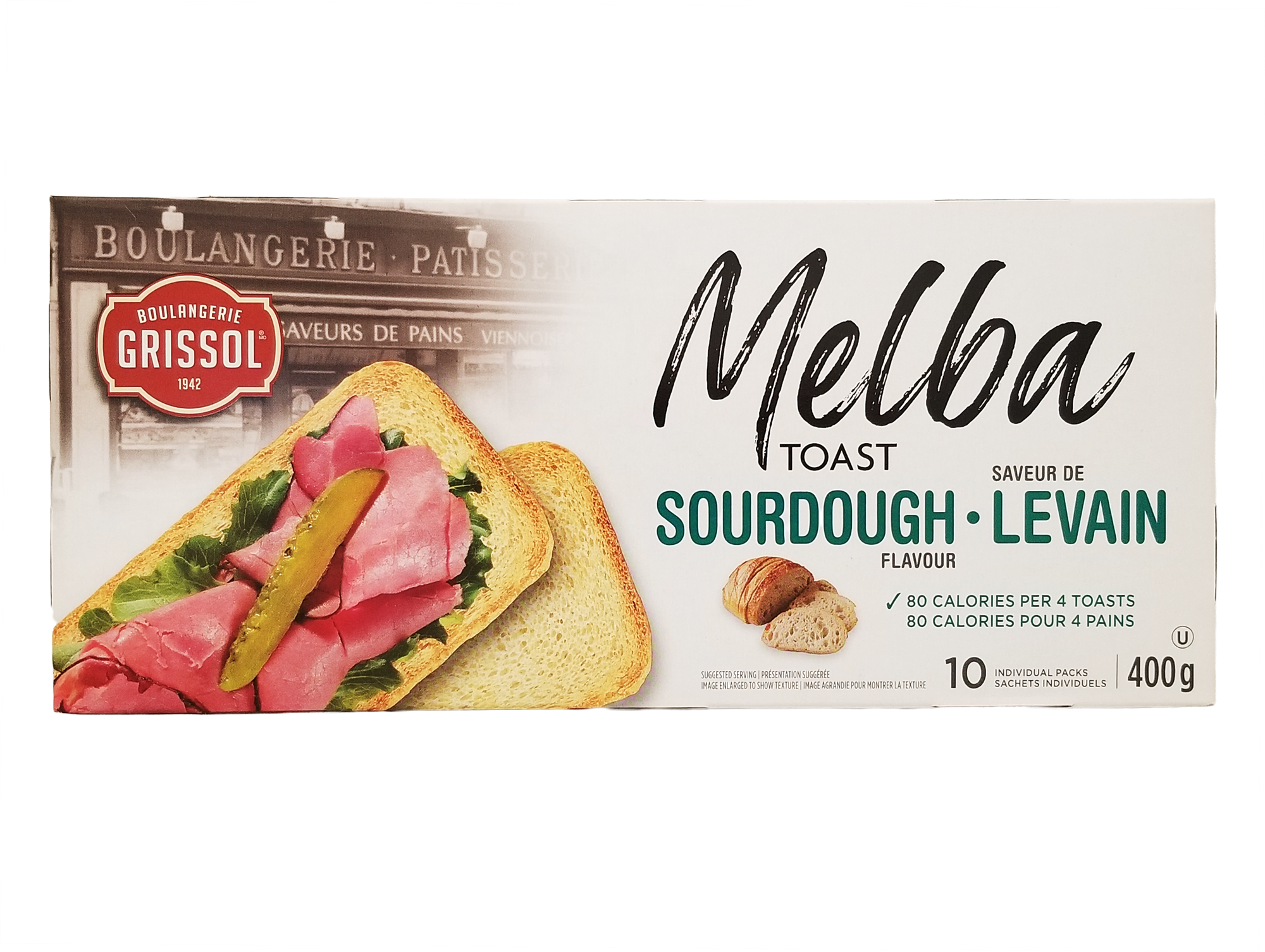 Box of Boulangerie Grissol Melba Toast Sourdough Flavor, Premium Crackers - 400g with a sandwich on top, featuring Grissol branding.
