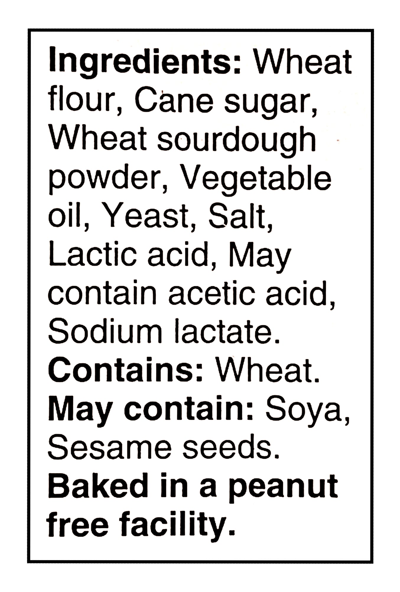 Ingredients list for Boulangerie Grissol Melba Toast Sourdough Flavor, Premium Crackers - 400g on a black background