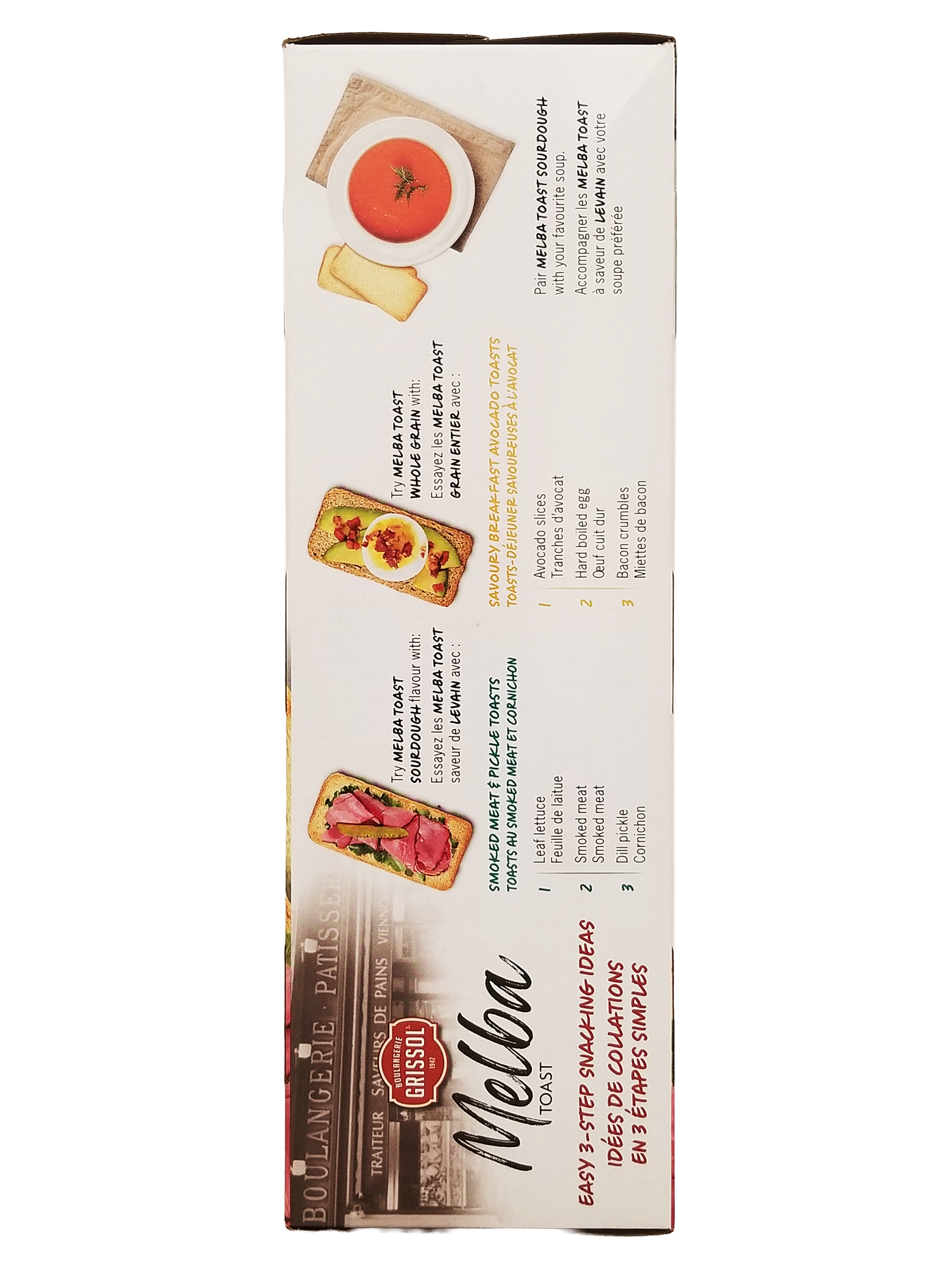 Package of Boulangerie Grissol Melba Toast Sourdough Flavor, Premium Crackers - 400g with images of bread slices and text on a white background