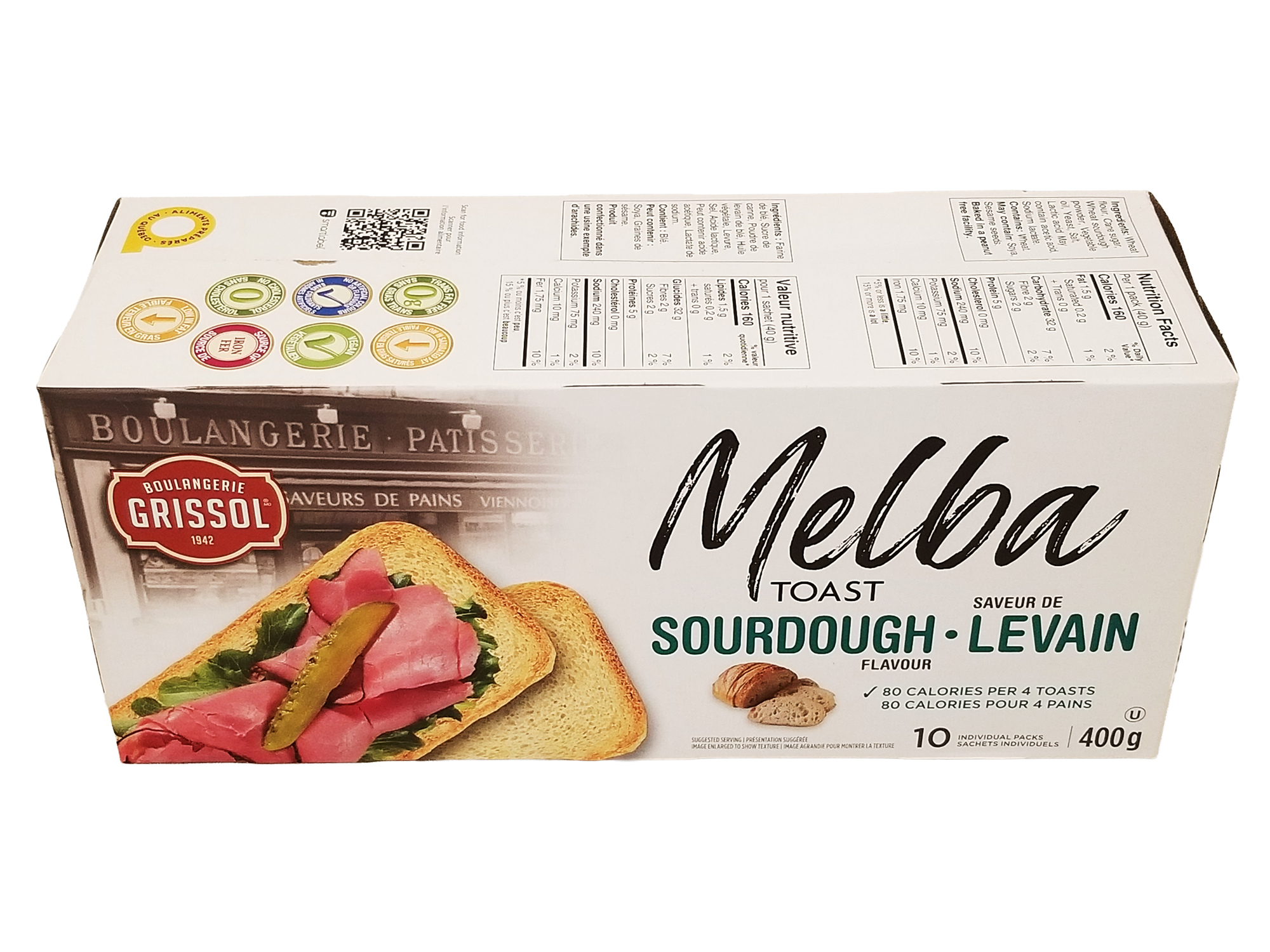 Box of Boulangerie Grissol Melba Toast Sourdough Flavor, Premium Crackers - 400g with sourdough flavor on a white background