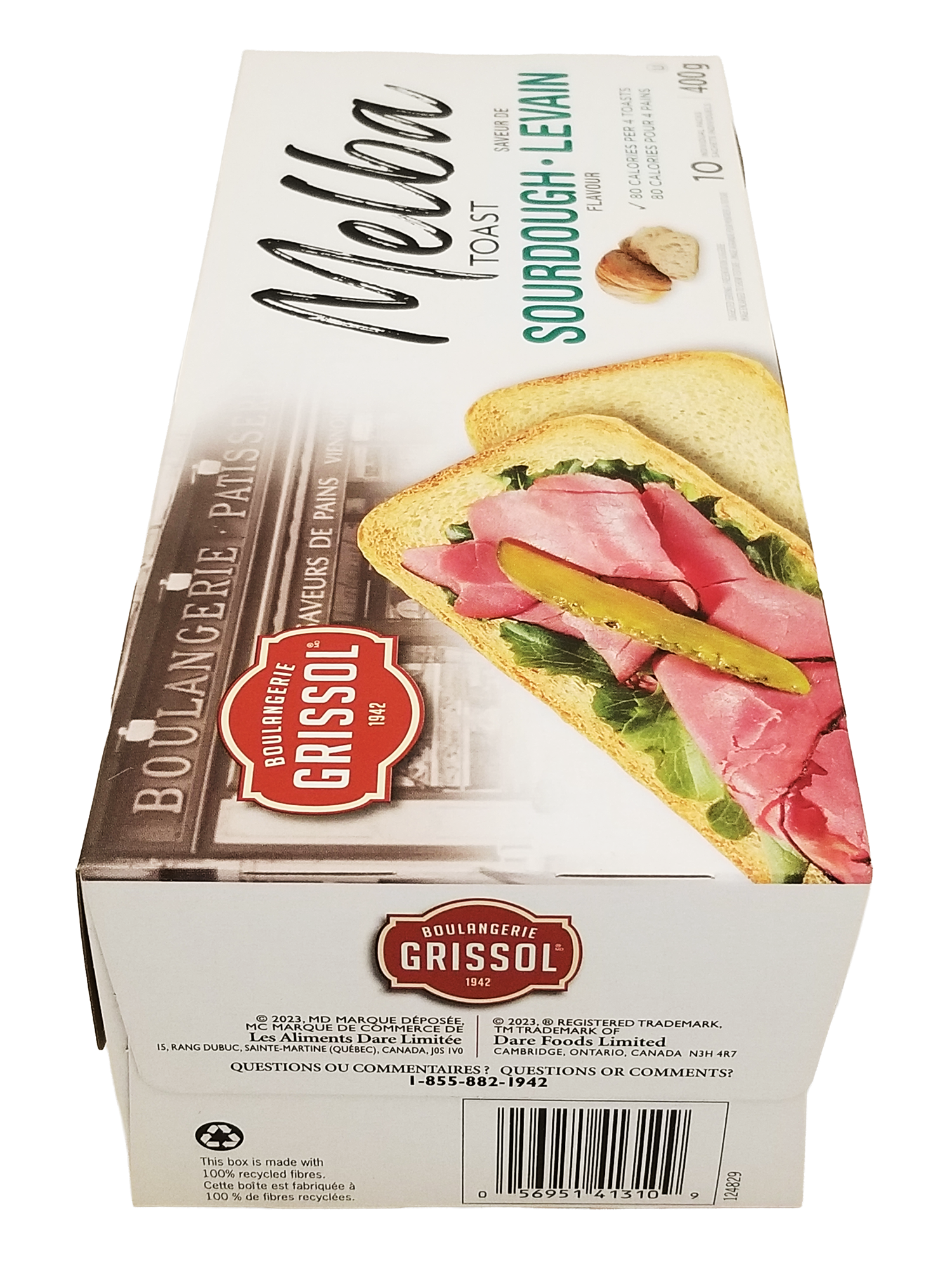 Box of Boulangerie Grissol Melba Toast Sourdough Flavor, Premium Crackers - 400g with a sandwich illustration on a white background