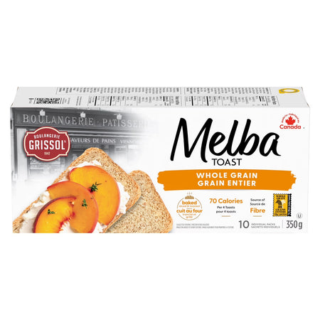 Grissol Melba Toast Whole Grain 350g – front of bag, whole grain melba toast crackers