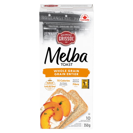 Grissol Melba Toast Whole Grain 350g – front of bag, second angle, Canadian whole grain crackers