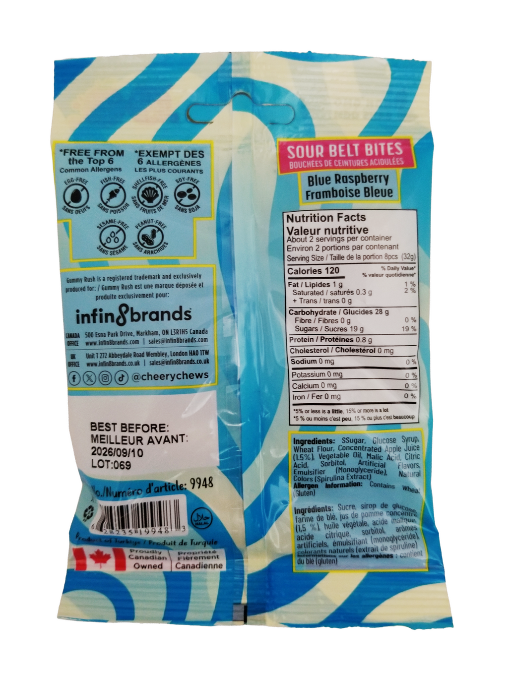 Back view of Gummy Rush Sour Belt Bites Blue Raspberry, 60g/2.1 oz with text and graphics.