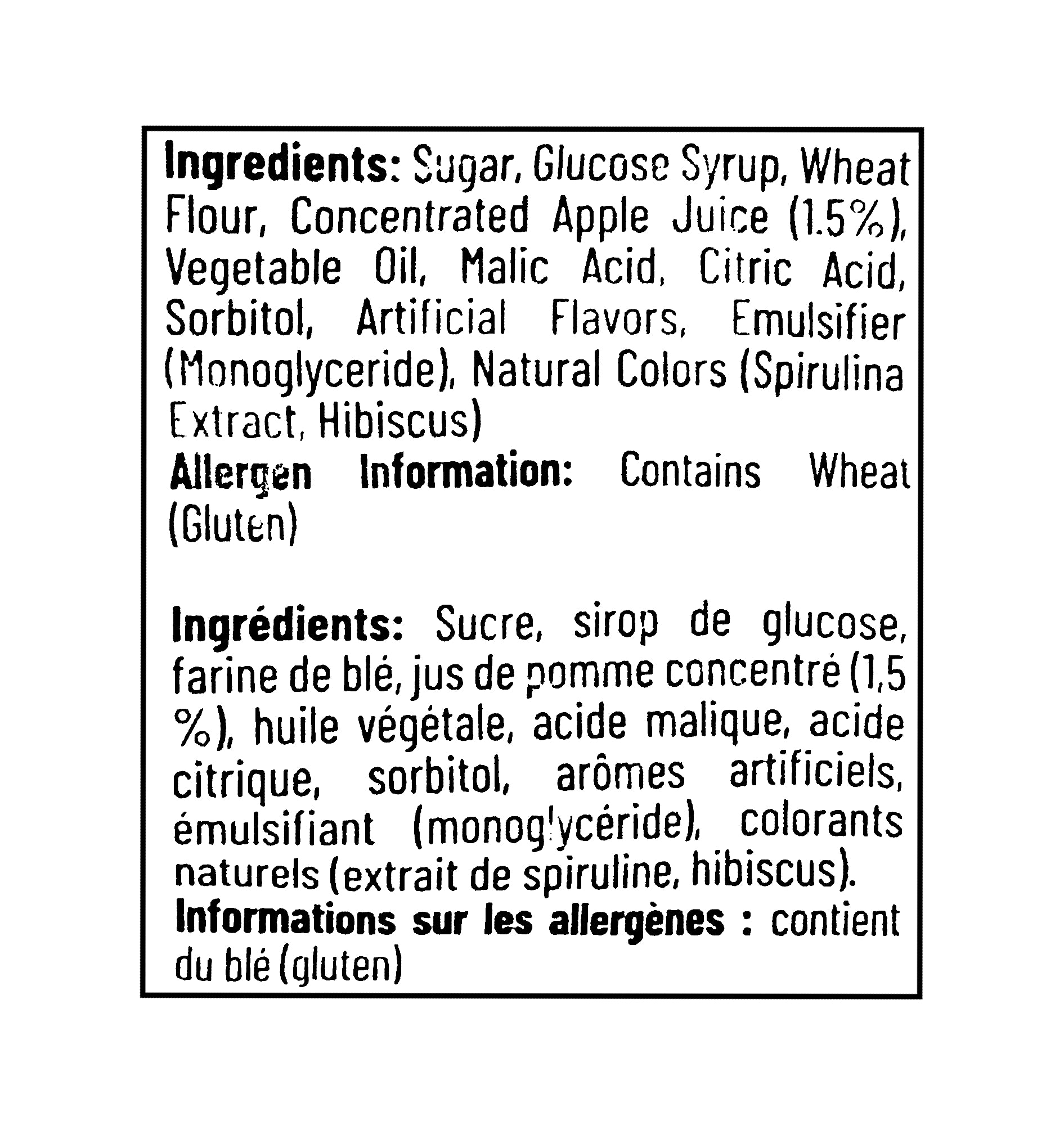 Ingredients label for Gummy Rush Sour Belt Bites Cotton Candy 135g (4.76 oz) with black text on a white background