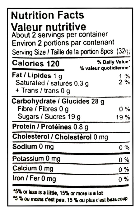Nutrition facts label for Gummy Rush Sour Belt Bites Cotton Candy 135g (4.76 oz) with serving size, calories, and nutritional content.
