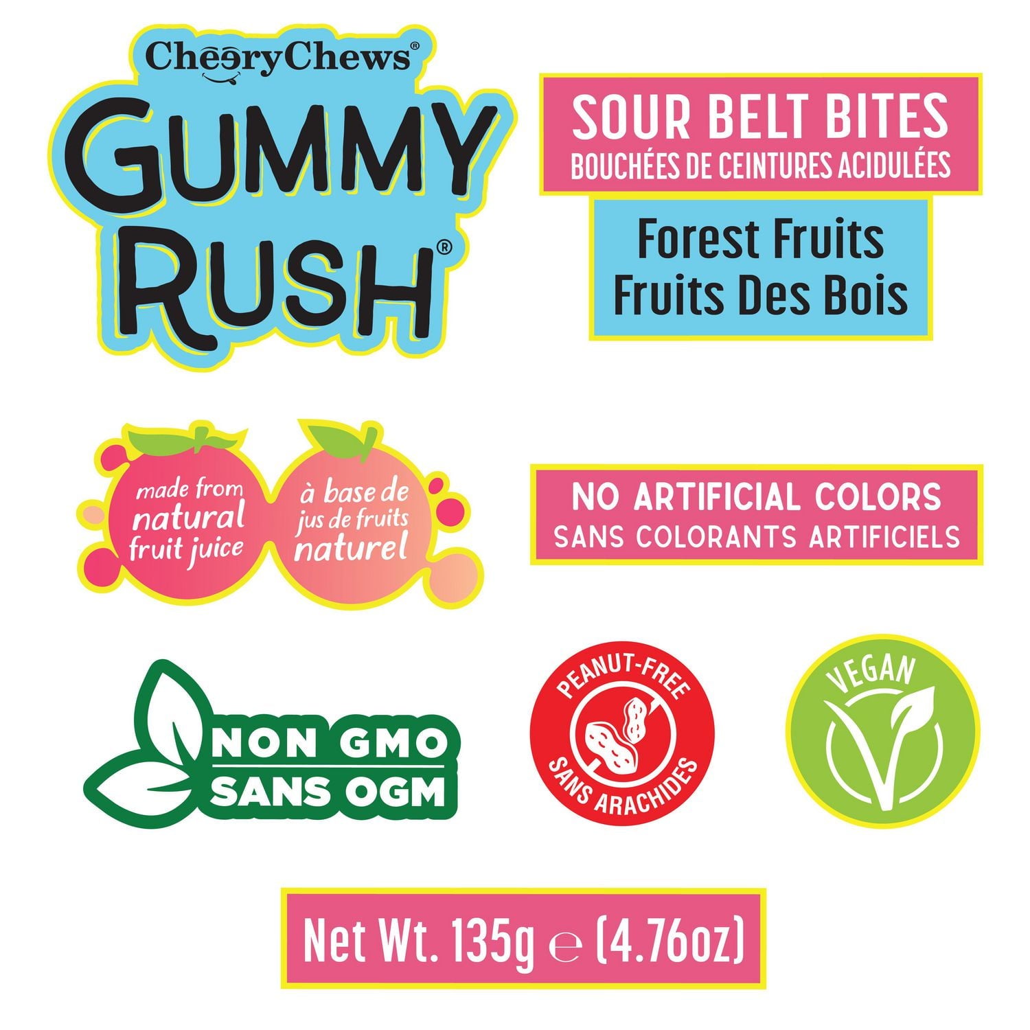 Cheery Chews Gummy Rush product label with various claims and branding elements.