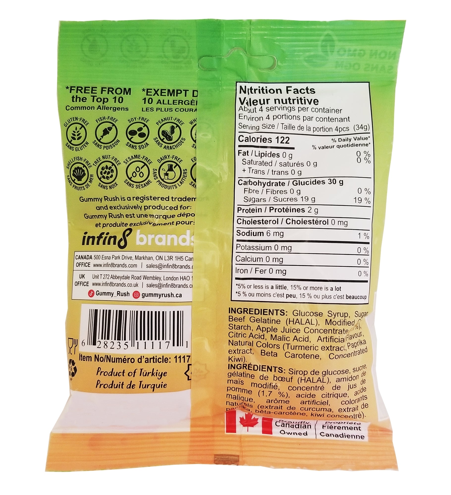 Back view of a Gummy Rush Atomic Peaches Gummies 135g package with nutrition facts and ingredient list on a white background