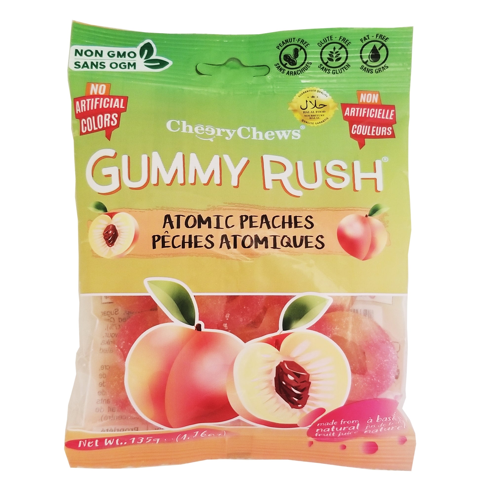 Packaging of CherryChews Gummy Rush Atomic Peaches 135g on a white background