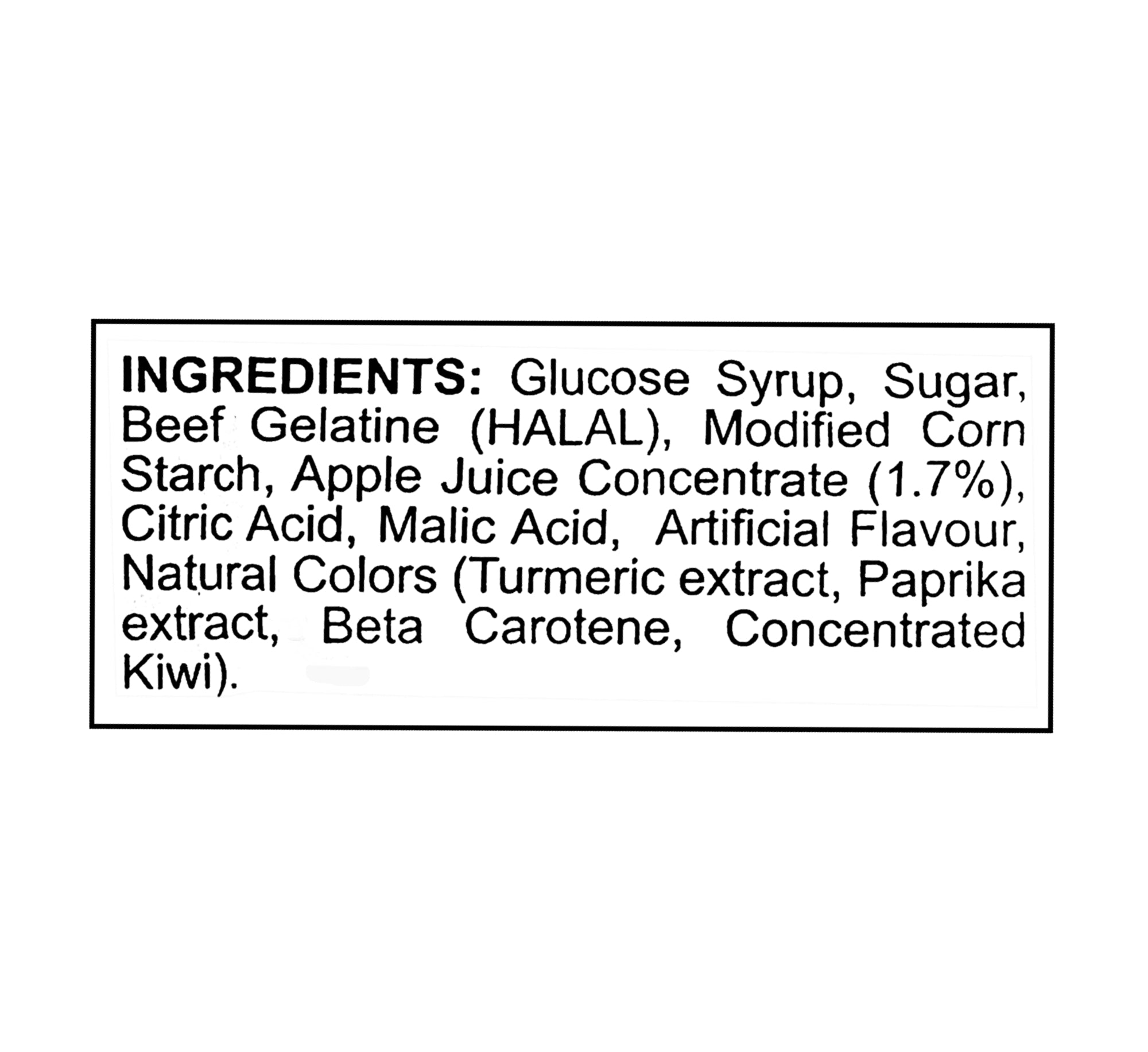 List of ingredients for Gummy Rush Atomic Peaches Gummies 135g on a white background
