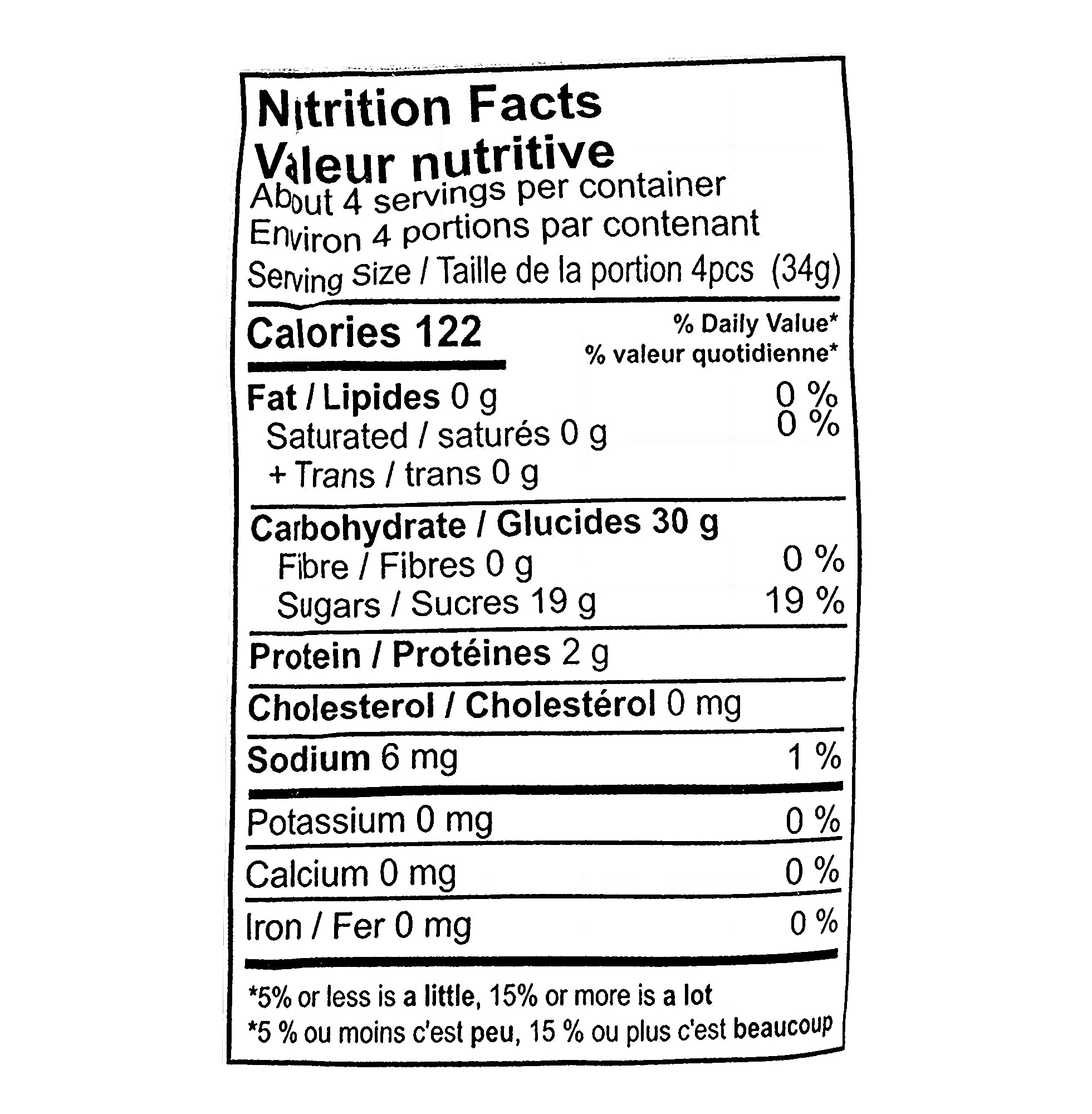 Nutrition facts label for a serving size of 4 pieces of Gummy Rush Atomic Peaches Gummies on a white background