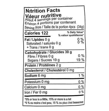 Nutrition facts label for a serving size of 4 pieces of Gummy Rush Atomic Peaches Gummies on a white background