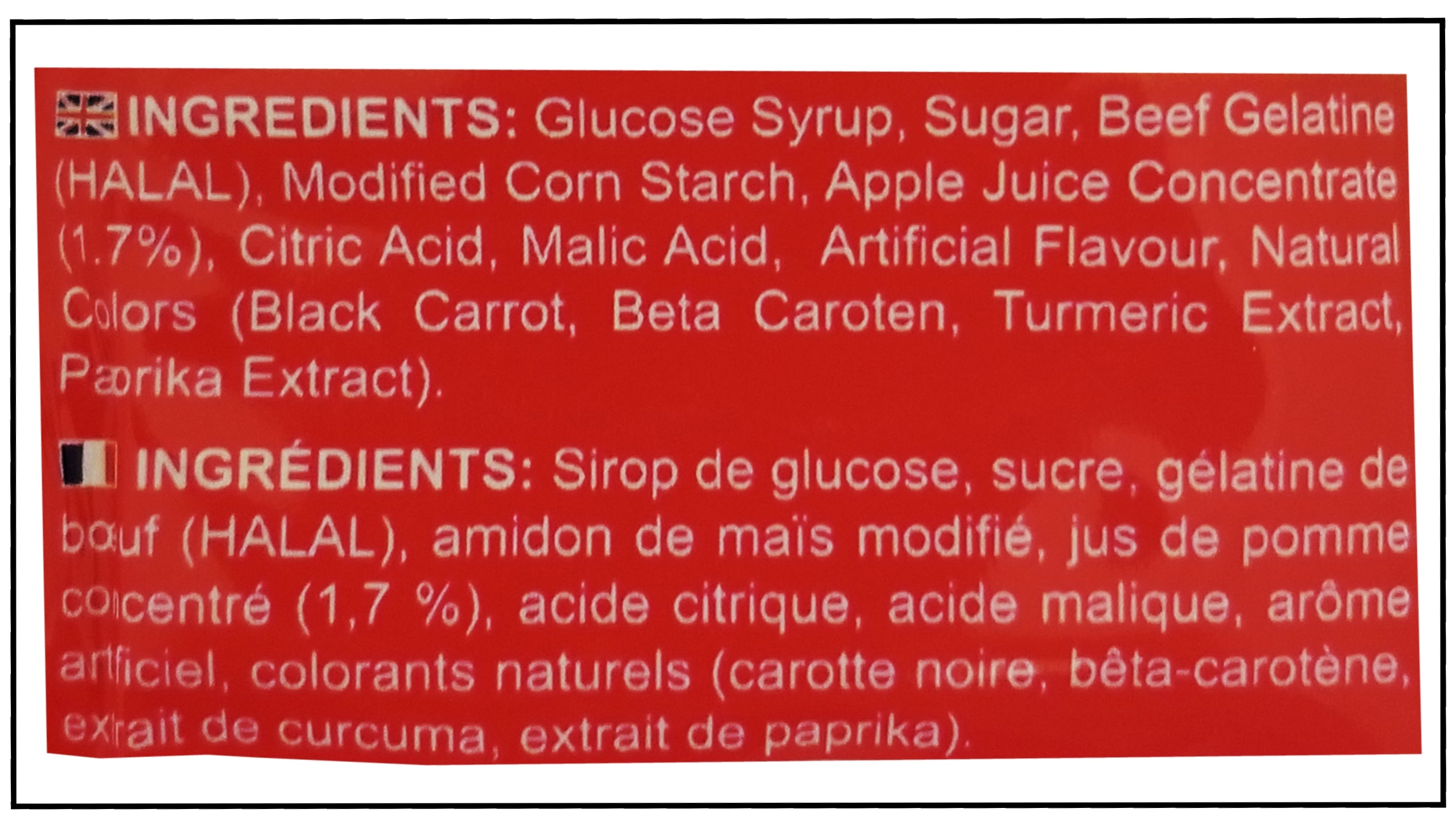 Ingredients label of Cheery Chews Gummy Rush Holliday Cheers Gummies, 70g/2.46 oz. Bag