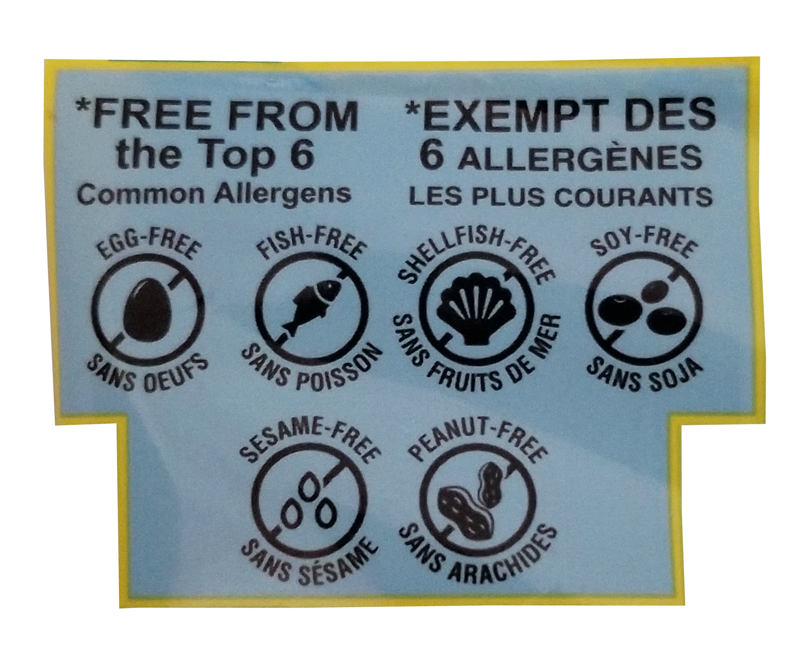 Allergen-free label with icons for top six allergens on a blue background for Gummy Rush Sour Belt Bites Blue Raspberry, 60g/2.1 oz