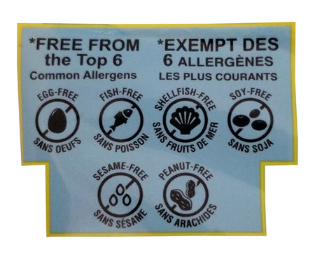 Allergen-free label with icons for top six allergens on a blue background for Gummy Rush Sour Belt Bites Blue Raspberry, 60g/2.1 oz