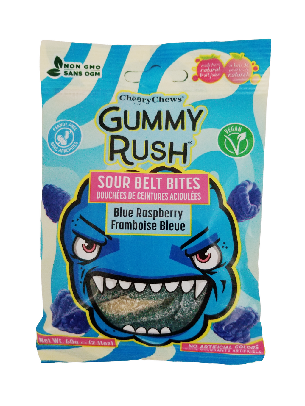 Gummy Rush Sour Belt Bites Blue Raspberry, 60g/2.1 oz with a blue monster face on a white background