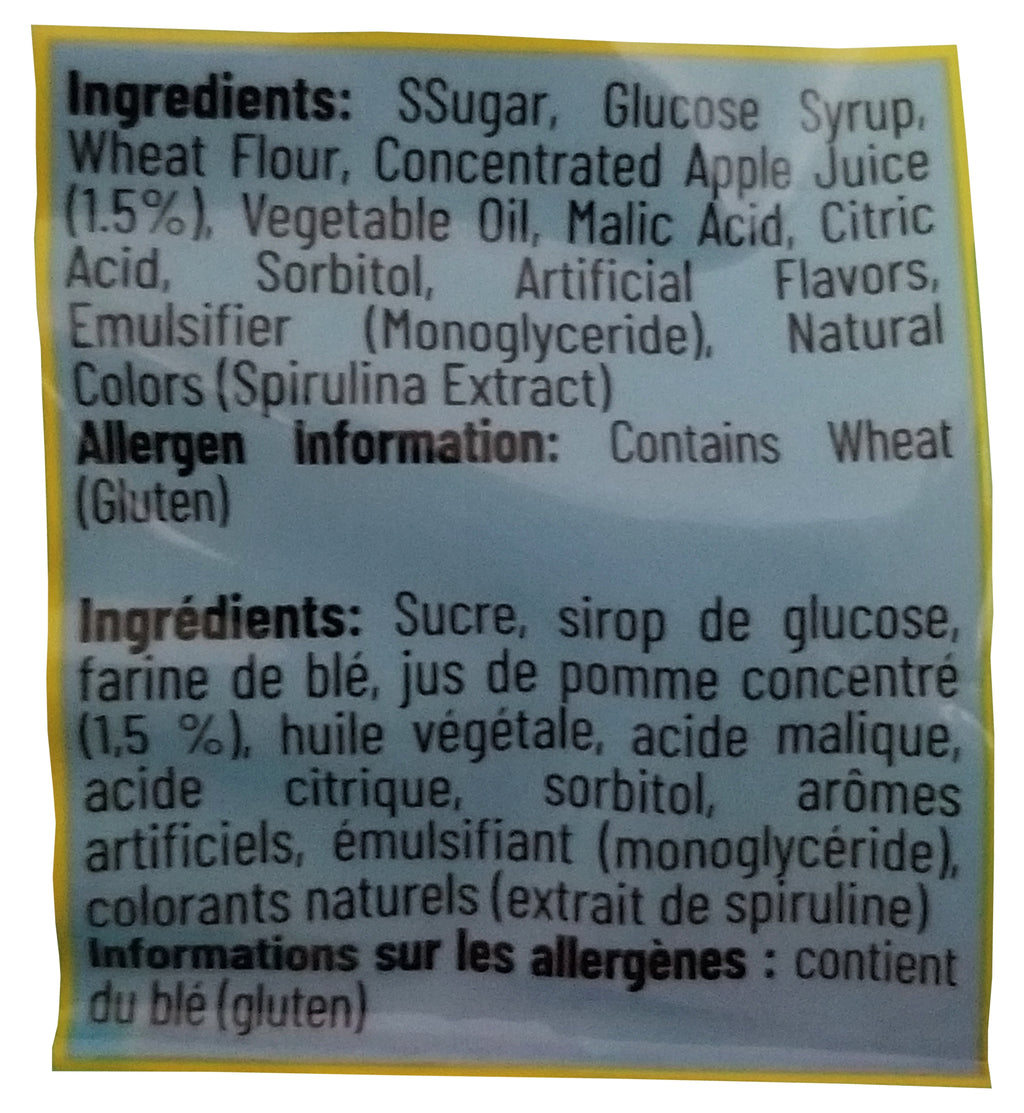 Ingredients label with a list of food components and allergen information for Gummy Rush Sour Belt Bites Blue Raspberry, 60g/2.1 oz