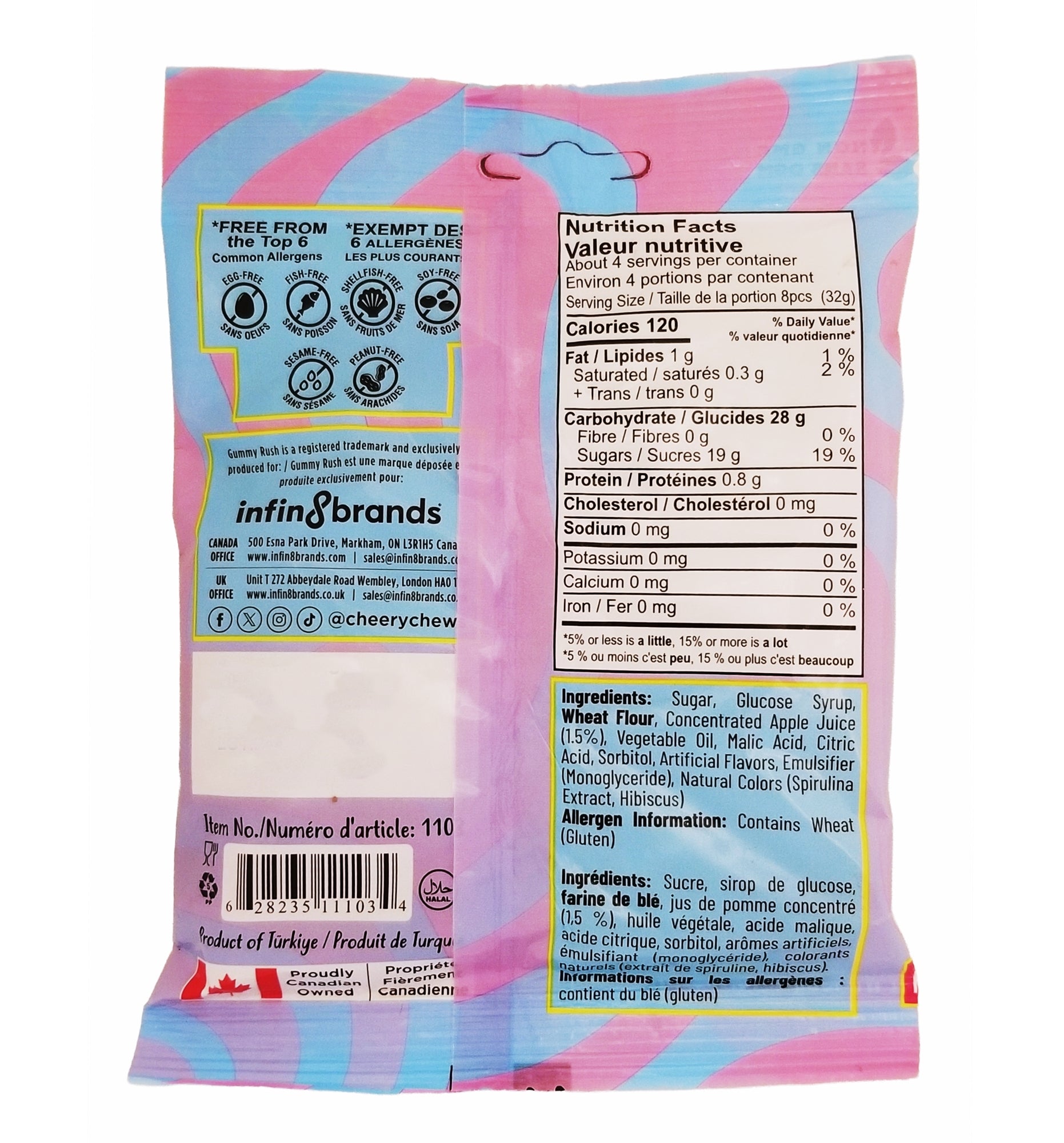 Back of a colorful Gummy Rush Sour Belt Bites Cotton Candy 135g (4.76 oz) snack package with nutritional information and ingredient list.