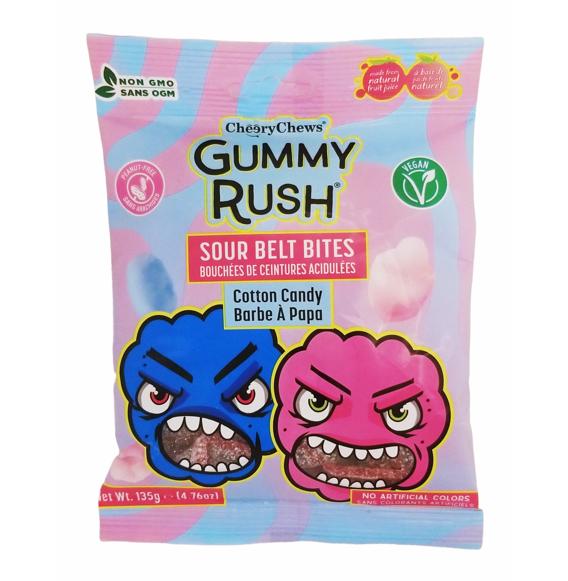 135g Packaging of Cheery Chews Gummy Rush Sour Belt Bites Cotton Candy with cartoon characters on a colorful background.