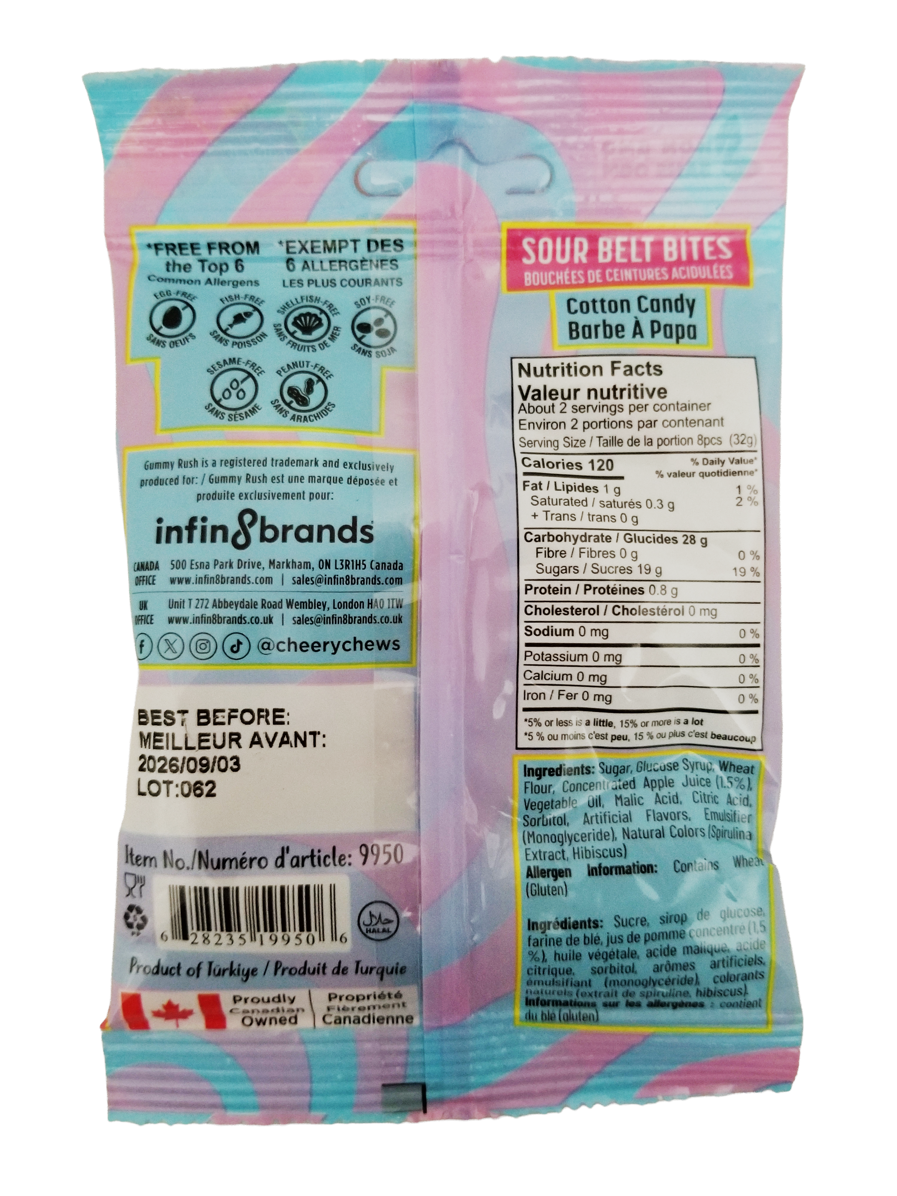 Gummy Rush Sour Belt Bites Cotton Candy, 60g/2.1 oz with colorful design and text