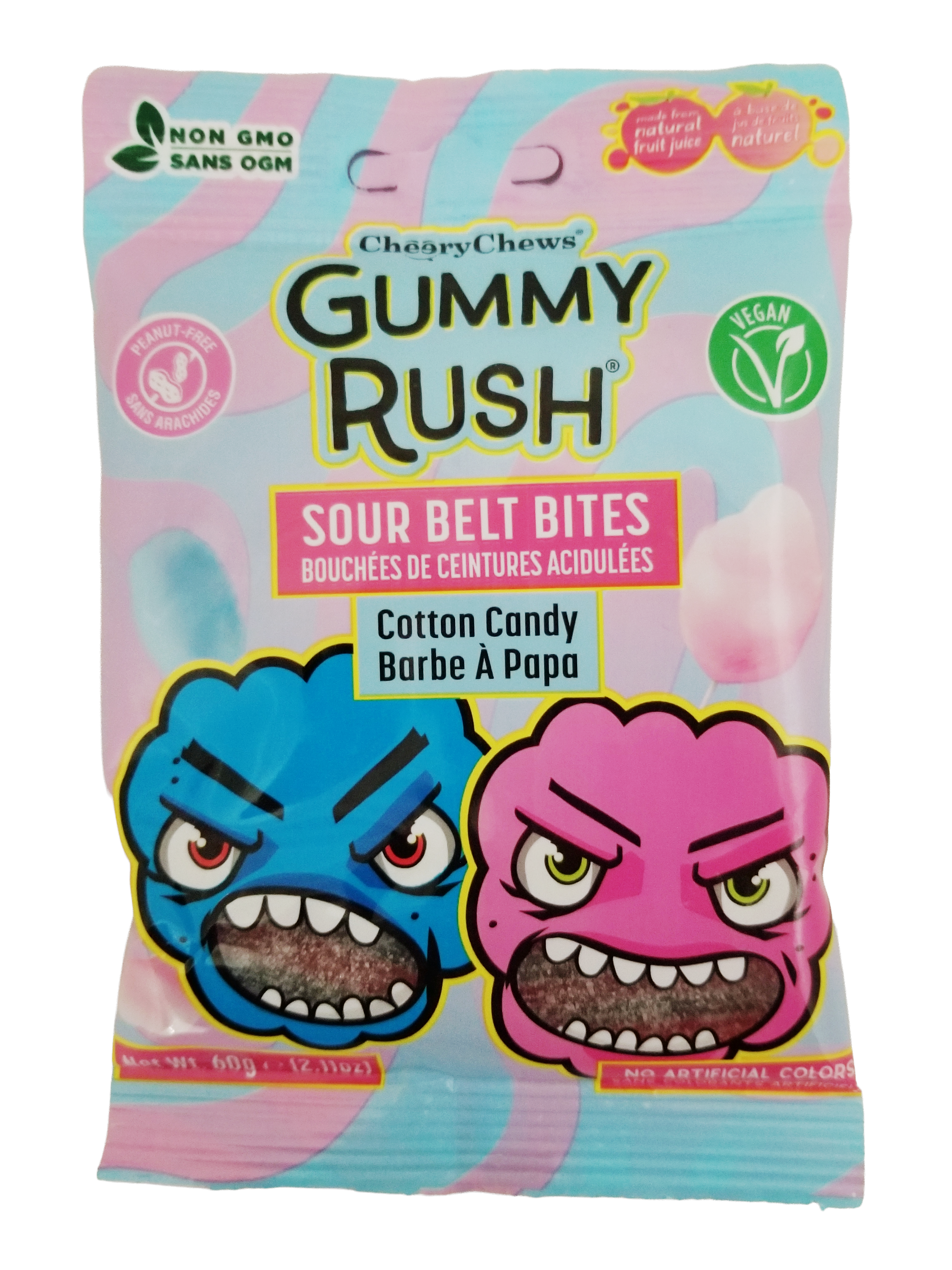 Gummy Rush Sour Belt Bites Cotton Candy, 60g/2.1 oz with cartoon characters on a white background.