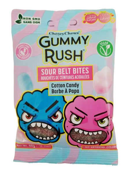 Gummy Rush Sour Belt Bites Cotton Candy, 60g/2.1 oz with cartoon characters on a white background.