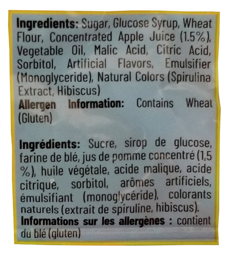 Ingredients label with a list of ingredients and allergen information on a yellow background for Gummy Rush Sour Belt Bites Cotton candy, 60g/2.1 oz