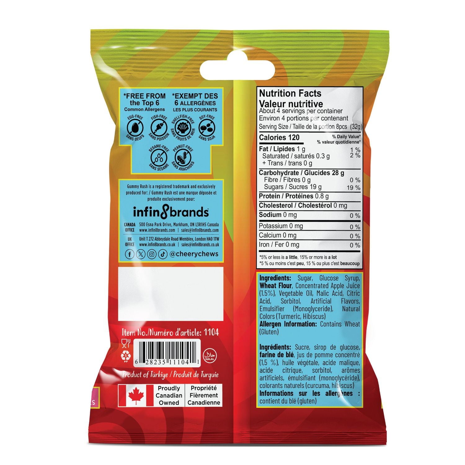 Back of Gummy Rush Sour Belt Bites Forest Fruits, 60g/2.1 oz with nutritional information and brand details.