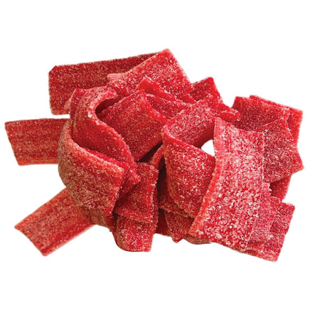 Gummy Rush Sour Belt Bites Forest Fruits, 60g/2.1 oz - Red gummy candy pieces on a white background