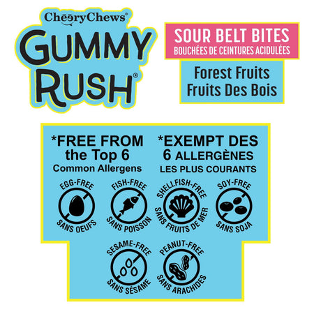 Gummy Rush Cherry Chews label with allergen-free information on a blue background