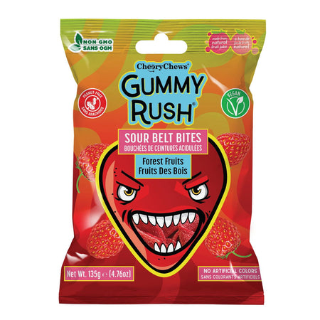 Gummy Rush Sour Belt Bites Forest Fruits, 60g/2.1 oz with a red monster face on a white background