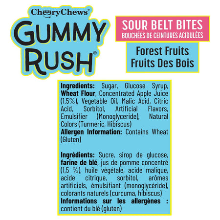 Gummy Rush Sour Belt Bites Forest Fruits, 60g/2.1 oz label with ingredients and allergen information.
