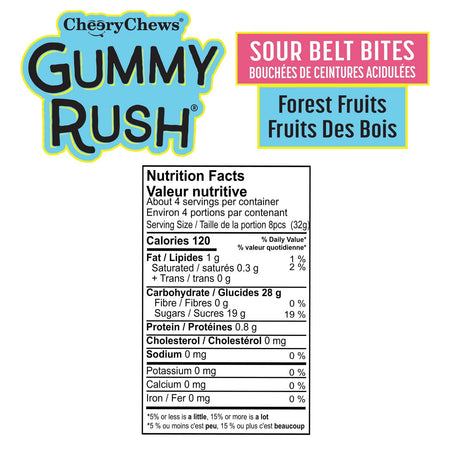 Nutrition facts label for Gummy Rush Sour Belt Bites Forest Fruits, 60g/2.1 oz