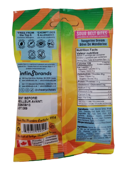 Gummy Rush Sour Belt Bites Tangerine Dream, 60g/2.1 oz with nutritional information and branding on a white background