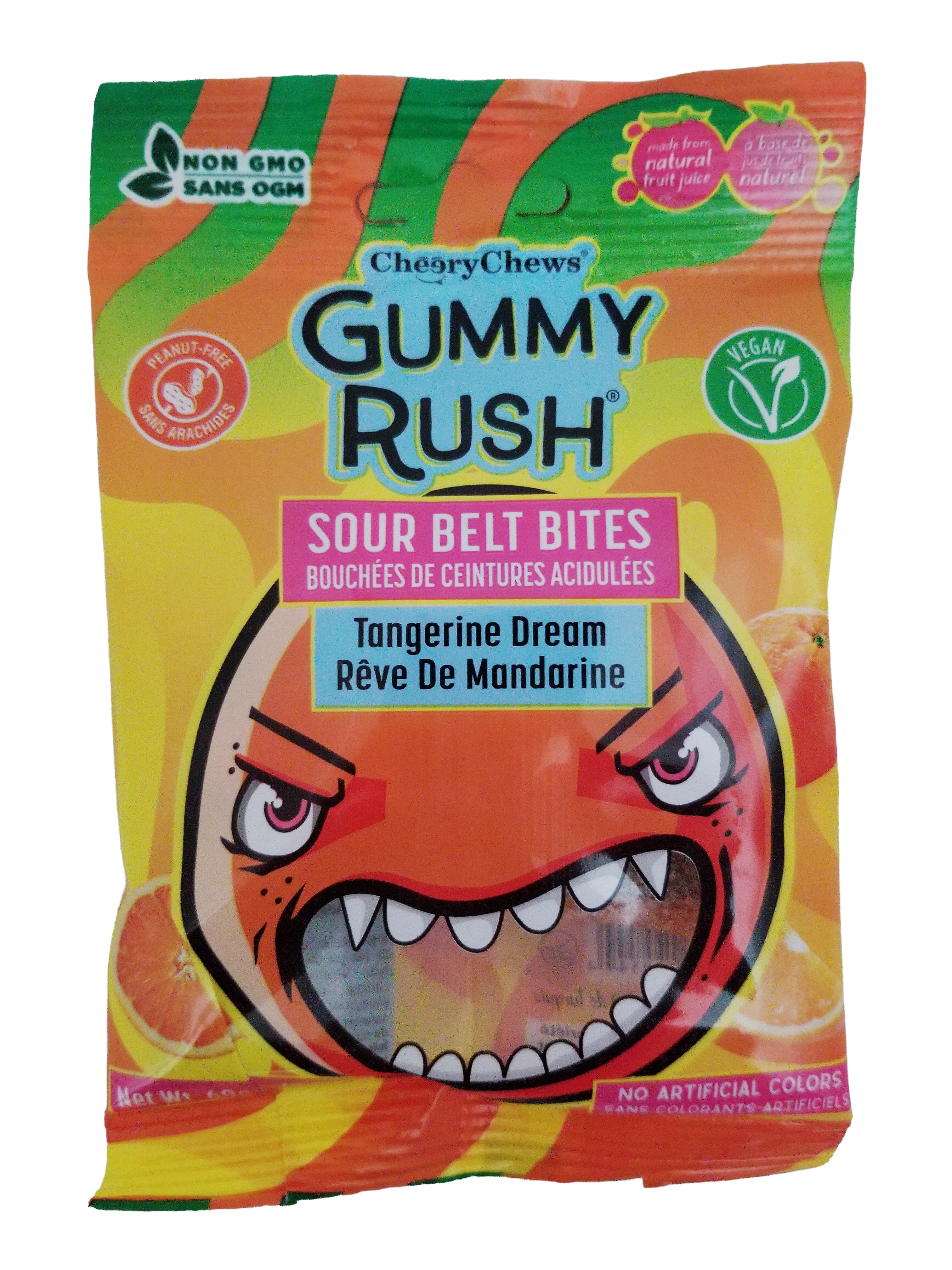 Gummy Rush Sour Belt Bites Tangerine Dream, 60g/2.1 oz with a colorful design and character illustration.