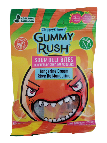Gummy Rush Sour Belt Bites Tangerine Dream, 60g/2.1 oz with a colorful design and character illustration.