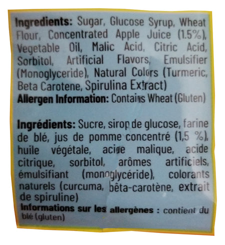 Ingredients label with a list of food components and allergen information on a white background for Gummy Rush Sour Belt Bites Tangerine Dream, 60g/2.1 oz