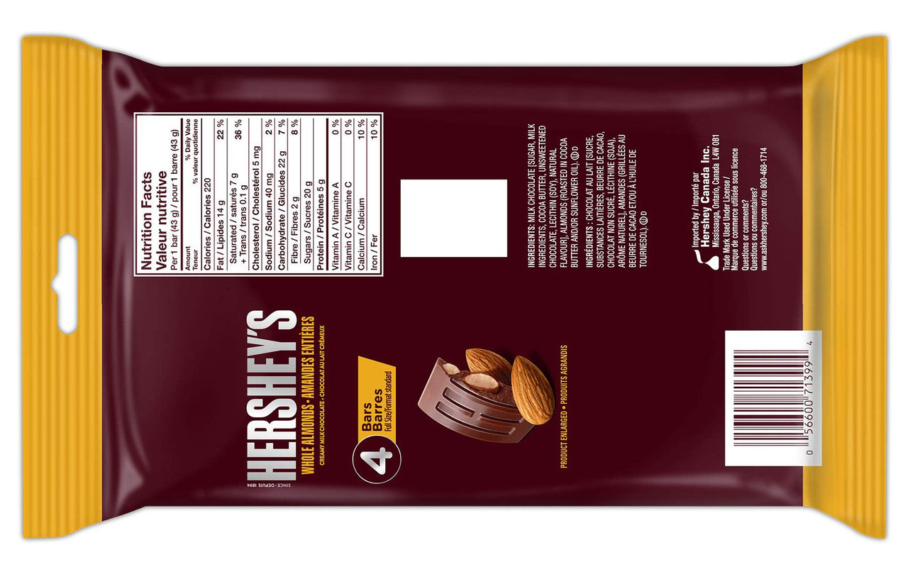 HERSHEY'S Chocolate Candy Bars with Almonds, 4ct (172g/6.1oz) Bar Back Side