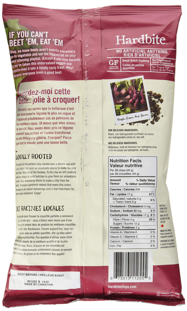 Hardbite Drop 'N Mad, Beet Chips, 150g/5.2 oz Bag Back Side
