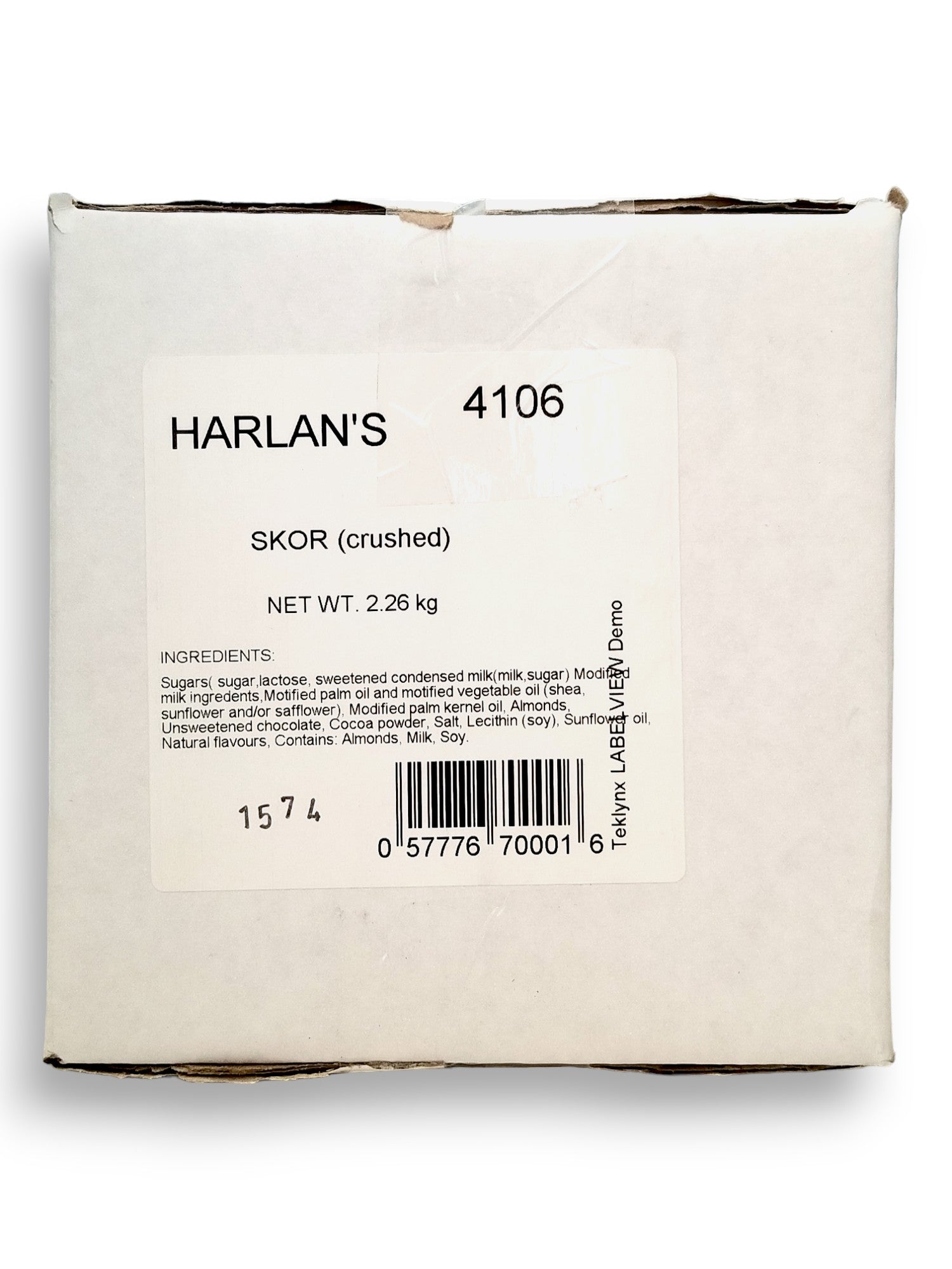 Harlan's Crushed Skor Stir-In, 2.26kg/79.7 lbs., Box, front of box.